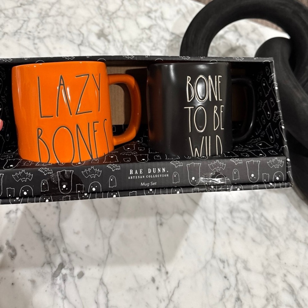 Rae Dunn LAZY BONES and BONE TO BE WILD Halloween Mug Set - Orange and Black